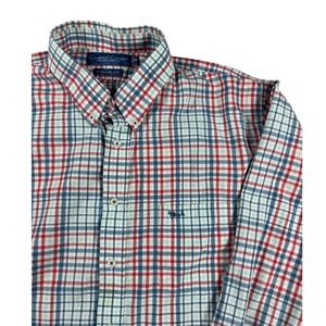 Coastal Cotton Mens XL Classic Fit Plaid Button Down Shirt Red White Blue Fish